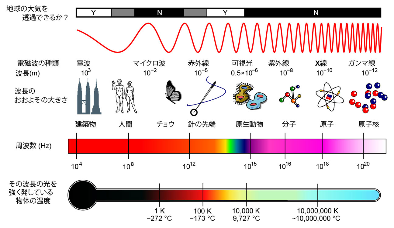電磁波の分類と特徴(出典:Inductiveload, NASA. Translation by t7o7k, CC0, via Wikimedia Commons)
